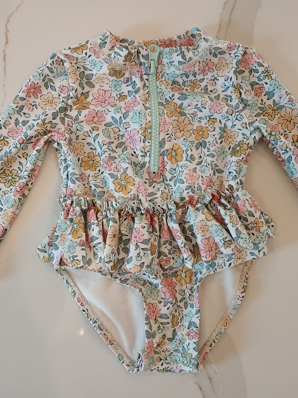 Tommy Bahama Girls Floral Long Sleeve One-Piece Swimsuit - Mint, Pink, Yellow